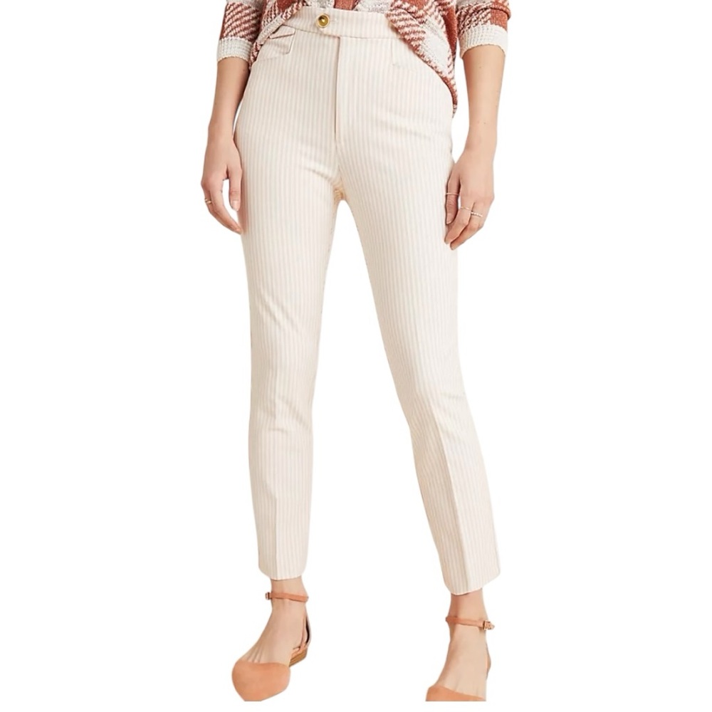 Anthropologie Essential Slim Striped Trouser Pants Cream Pink Size 4 Preppy Work